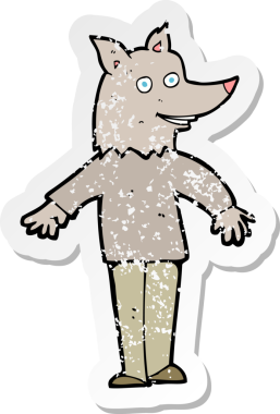 Bir insan tarafından çizilmiş mutlu kurt adam çizgi filminin kederli retro yapıştırması.