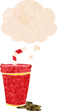 Düşünce baloncuklu karikatür fincanı grunge sıkıntılı retro dokuma tarzı bir insan tarafından çizilmiş