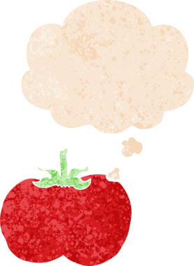 Düşünce baloncuklu çizgi film domatesi grunge sıkıntılı retro dokuma tarzı bir insan tarafından çizilmiş.