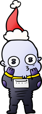 Bir insan tarafından çizilmiş Noel Baba şapkası giymiş garip kel bir uzaylının el çizimi karikatürü.