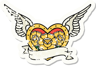 Geleneksel bir stil olan, çiçek ve pankart çizilmiş uçan kalp dövmesi.