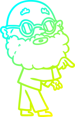 Bir insan tarafından çizilmiş sakallı ve gözlüklü tuhaf bir çizgi film karakteri.