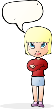 Bir insan tarafından çizilmiş konuşma balonlu çapraz kollu bir karikatür kadın.