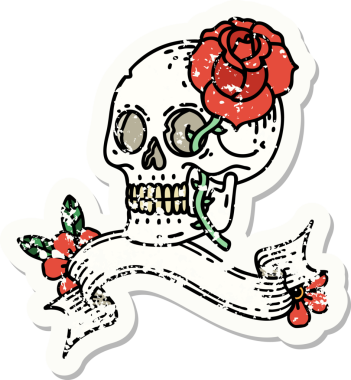 Bir insan tarafından çizilmiş kafatası ve gülü olan eski bir etiket.