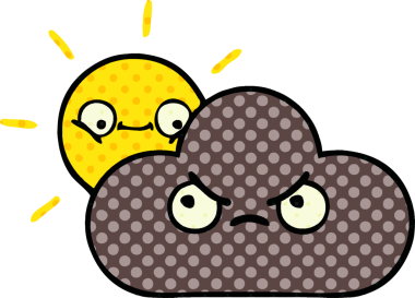 Bir insan tarafından çizilmiş fırtına bulutu ve güneşin çizgi romanı.