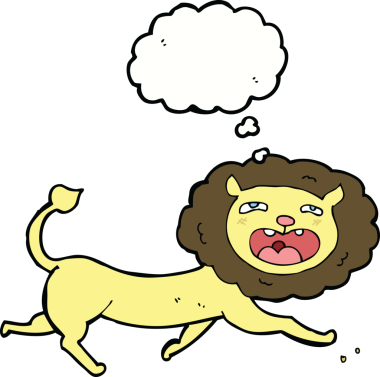 Bir insan tarafından çizilmiş düşünce baloncuklu çizgi film aslanı.