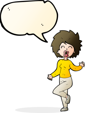 Bir insan tarafından çizilmiş konuşma balonuyla dans eden karikatür kadın.