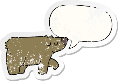 Konuşma baloncuğu olan çizgi film ayısı bir insan tarafından çizilmiş sıkıntılı eski bir çıkartma