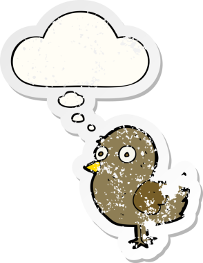 Düşünce baloncuğu olan çizgi film kuşu insan tarafından çizilmiş yıpranmış bir çıkartma gibi.