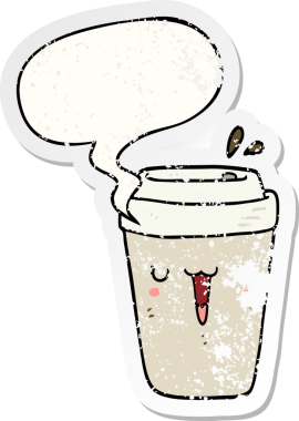 Konuşma balonlu çizgi film kahve fincanı bir insan tarafından çizilmiş sıkıntılı eski bir çıkartma