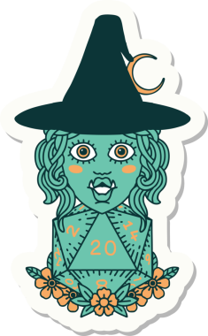 Bir insan tarafından çizilmiş 20 zarlı yarı ork bir cadının çıkartması.