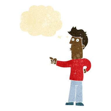 Bir insan tarafından çizilen düşünce baloncuğuyla işaret eden çizgi film adamı.