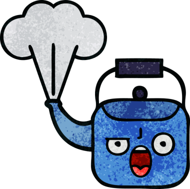 Bir insan tarafından çizilen dumanı tüten bir çaydanlığın retro grunge desenli karikatürü