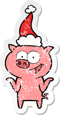Bir insan tarafından çizilmiş Noel Baba şapkası giymekten korkmayan bir domuzun el çizimi karikatürü.