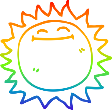 Gökkuşağı gradyan çizgi çizimi bir insan tarafından çizilmiş parlayan bir güneş