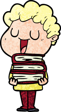 Bir insanın çizdiği kitaplarla gülen karikatür adamı.