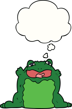 Bir insan tarafından çizilmiş düşünce baloncuklu çizgi film karakurbağası.