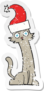 Bir insan tarafından çizilmiş Noel şapkalı bir çizgi film kedisine ait gerilimli bir çıkartma.