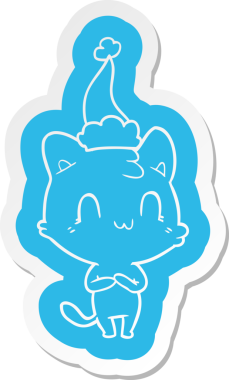 Bir insan tarafından çizilmiş Noel Baba şapkası takan mutlu bir kedinin garip çizgi film etiketi.