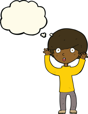 Bir insan tarafından çizilmiş düşünce baloncuğu ile ürkmüş bir çocuk.