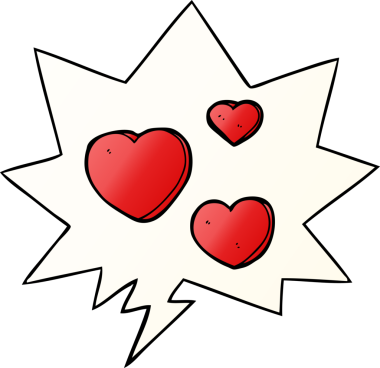 Bir insan tarafından çizilmiş yumuşak eğimli konuşma baloncuklu karikatür aşk kalpleri.