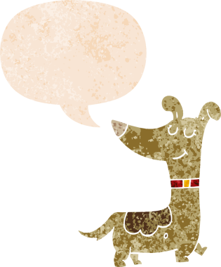 Bir insan tarafından çizilmiş grunge dertli retro tarzı konuşma baloncuğu ile çizgi film köpeği