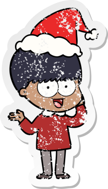 Mutlu el, bir insan tarafından çizilmiş Noel Baba şapkası takan bir çocuğun kederli çıkartması.