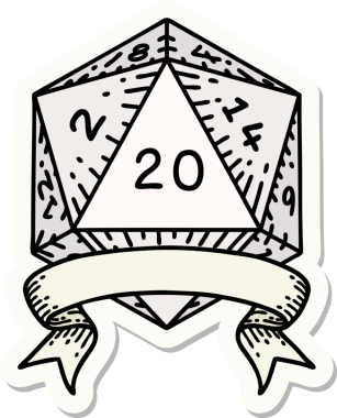 Bir insan tarafından çizilmiş 20 kritik vuruşluk D20 zar etiketi.