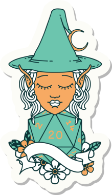 Bir insan tarafından çizilmiş doğal yirmi zarlı elf büyücü karakterinin çıkartması.