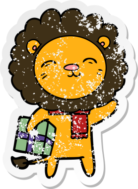 Bir insan tarafından çizilmiş Noel hediyeli karikatür aslanının sıkıntılı çıkartması.