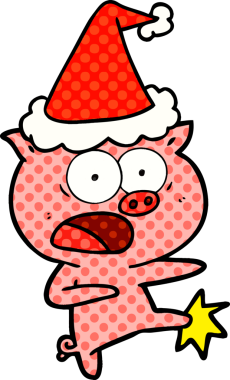 Bir insan tarafından çizilmiş Noel Baba şapkası giyen bir domuzun el çizimi çizgi roman tasviri.