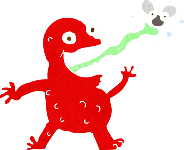 Bir insan tarafından çizilmiş sineği yakalayan kurbağa.