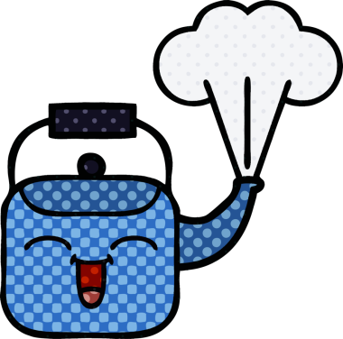 Bir insan tarafından çizilmiş dumanı tüten bir çaydanlığın çizgi romanı.