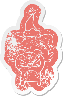 Bir insan tarafından çizilmiş Noel Baba şapkası takan bir köpeğin garip bir karikatürü.