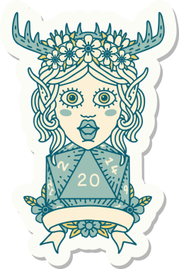 Bir insan tarafından çizilmiş doğal 20 zarlı Elf Druid karakterinin çıkartması.