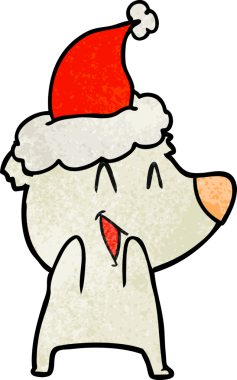 Gülen kutup ayısının eli insan tarafından çizilmiş Noel Baba şapkası çizilmiş.