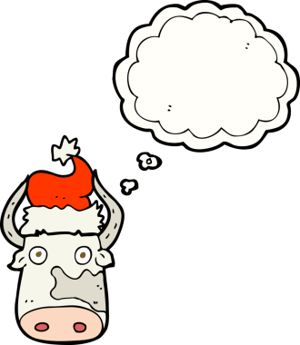 Bir insan tarafından çizilmiş Noel şapkası takan serbest çizim baloncuk inek.