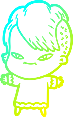 Hipster saç kesimi bir insan tarafından çizilmiş hoş bir çizgi film kızı çizimi.