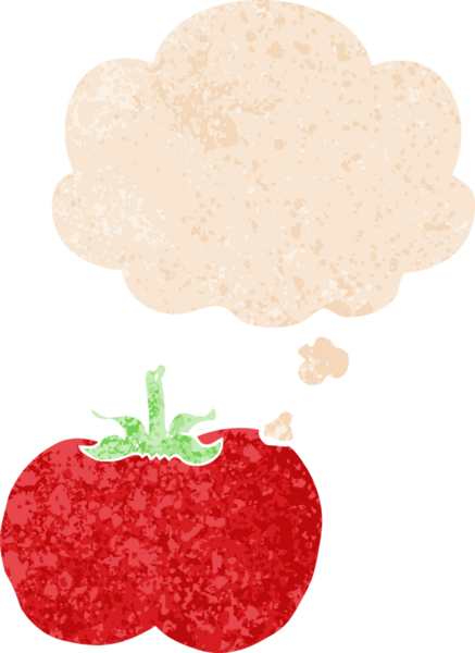 Düşünce baloncuklu çizgi film domatesi grunge sıkıntılı retro dokuma tarzı bir insan tarafından çizilmiş.