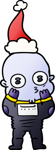 Bir insan tarafından çizilmiş Noel Baba şapkası giymiş garip kel bir uzaylının el çizimi karikatürü.