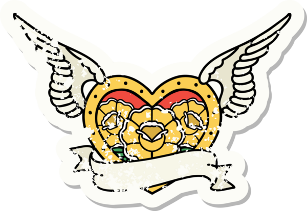 Geleneksel bir stil olan, çiçek ve pankart çizilmiş uçan kalp dövmesi.