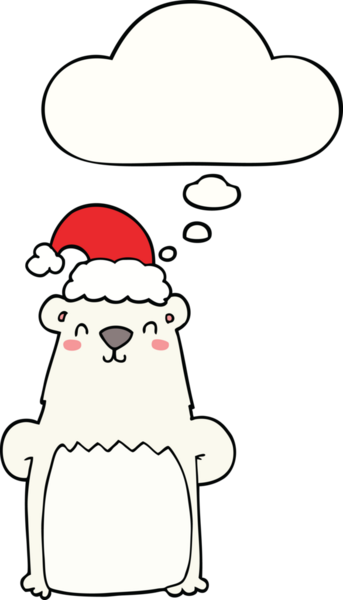 Bir insan tarafından çizilmiş düşünce balonlu Noel şapkası takan çizgi film ayısı.