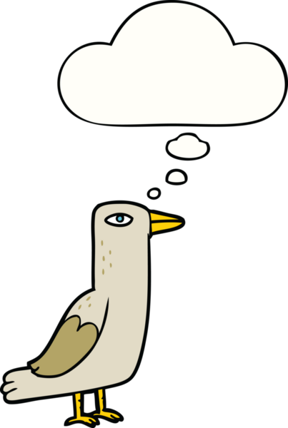 Bir insan tarafından çizilmiş düşünce baloncuklu çizgi film kuşu.
