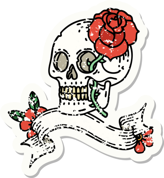 Bir insan tarafından çizilmiş kafatası ve gülü olan eski bir etiket.