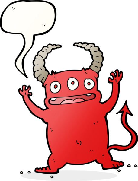 Bir insan tarafından çizilmiş konuşma balonu olan küçük bir şeytan.