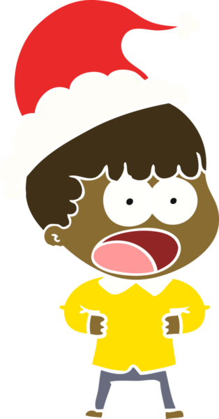 Bir insan tarafından çizilmiş Noel Baba şapkası giyen şok olmuş bir adamın düz renkli çizimi.