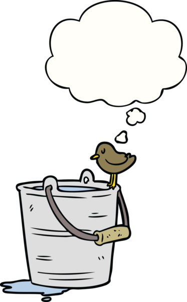 Bir insan tarafından çizilmiş düşünce baloncuklu bir kova su.