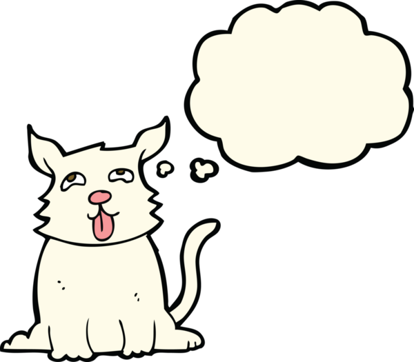 Bir insan tarafından çizilmiş düşünce balonlu mutlu bir köpek.