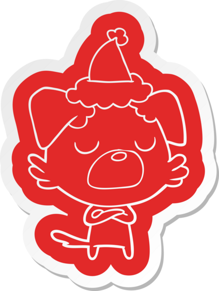 Bir insan tarafından çizilmiş Noel Baba şapkası takan bir köpeğin garip karikatür çıkartması.