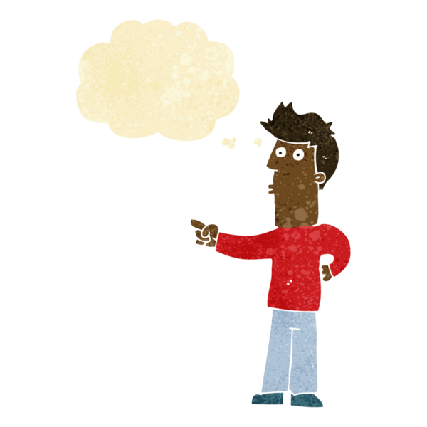 Bir insan tarafından çizilen düşünce baloncuğuyla işaret eden çizgi film adamı.